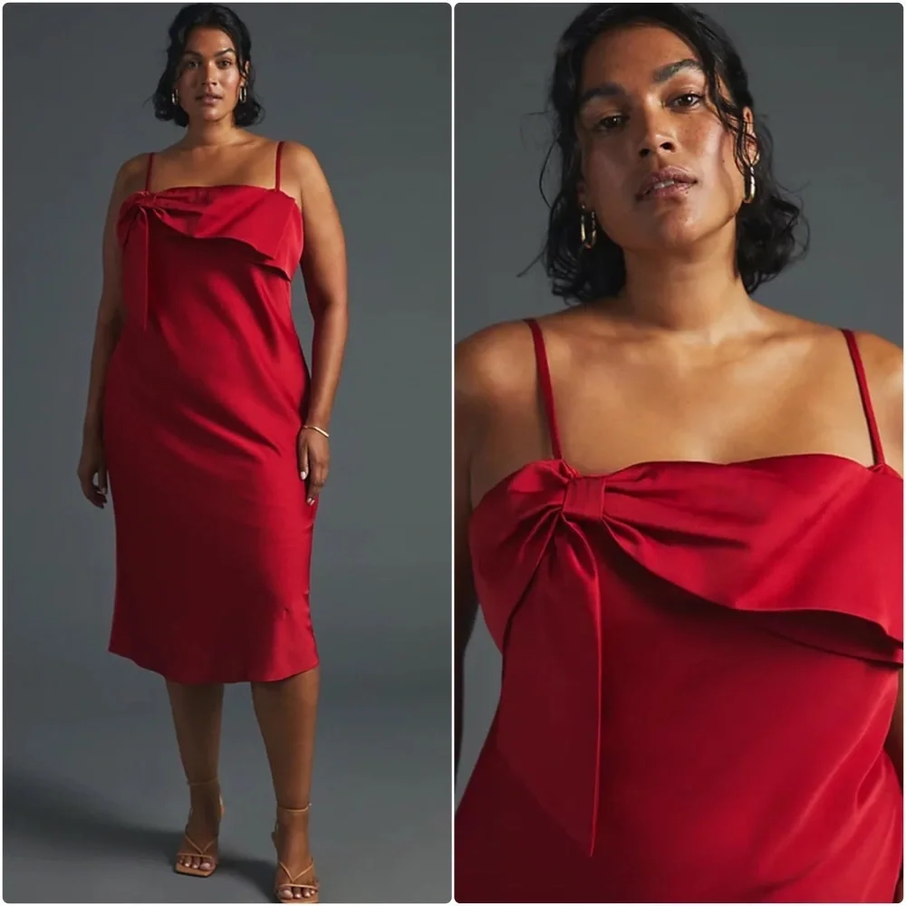 NWT ANTHROPOLOGIE BOW FRONT SLIP MIDI DRESS IN RED - Picture 3 of 10